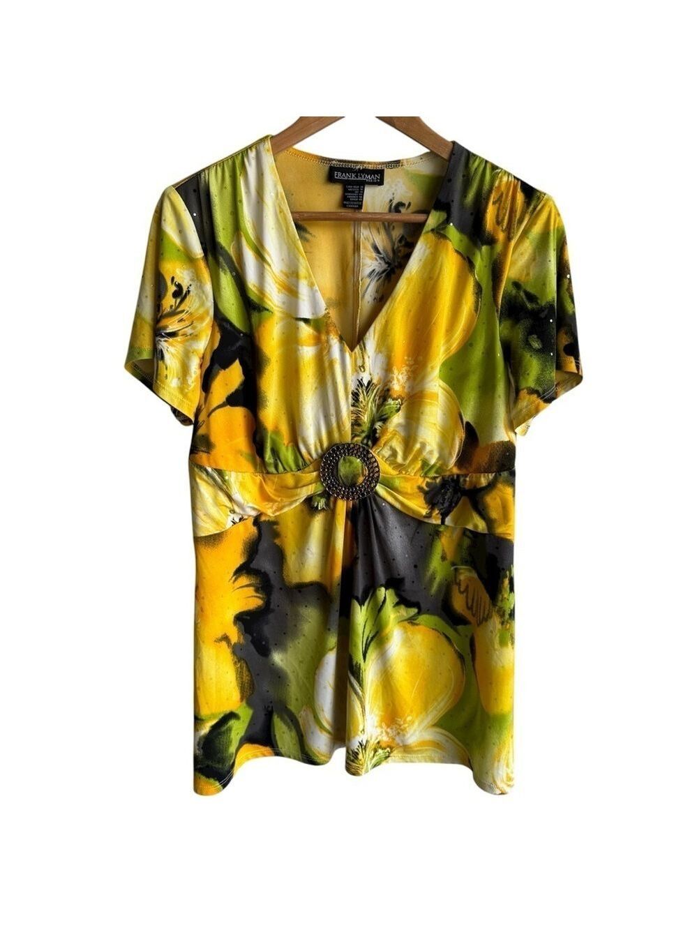 Frank Lyman Floral Top Sz 16 Yellow Tropical Short Sleeve Shirt Stretchy EUC